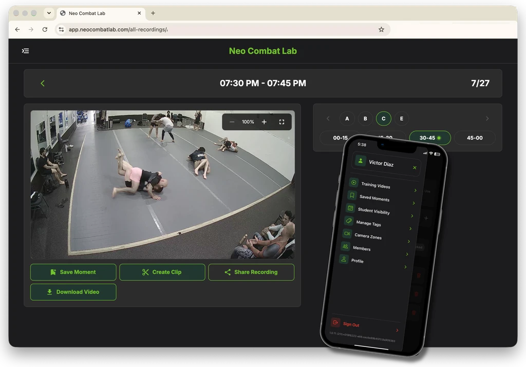 Neo Combat Lab open on a desktop browser beside the mobile app