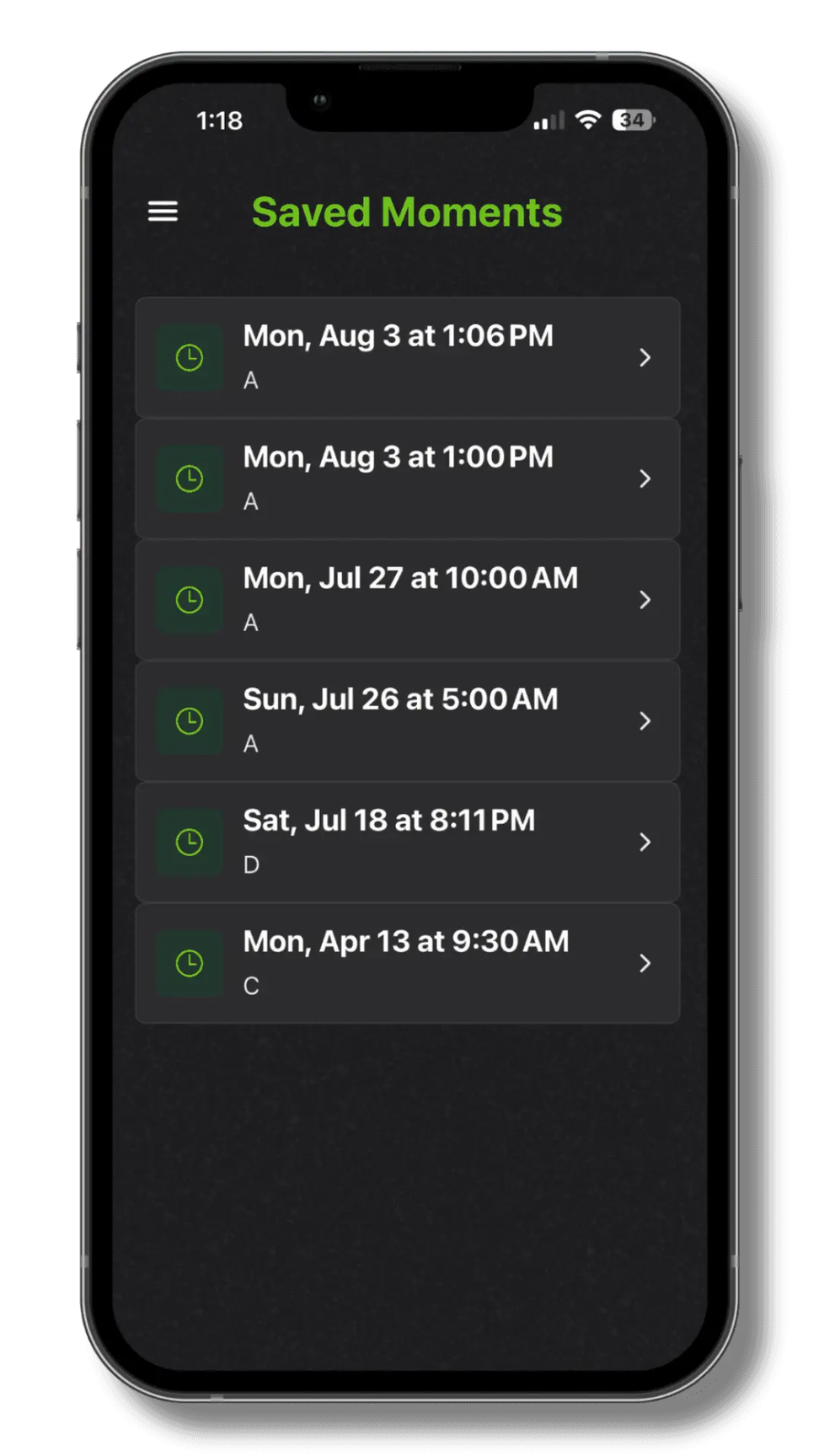 The Neo app listing saved moments from training, each one stamped with a day, time and camera