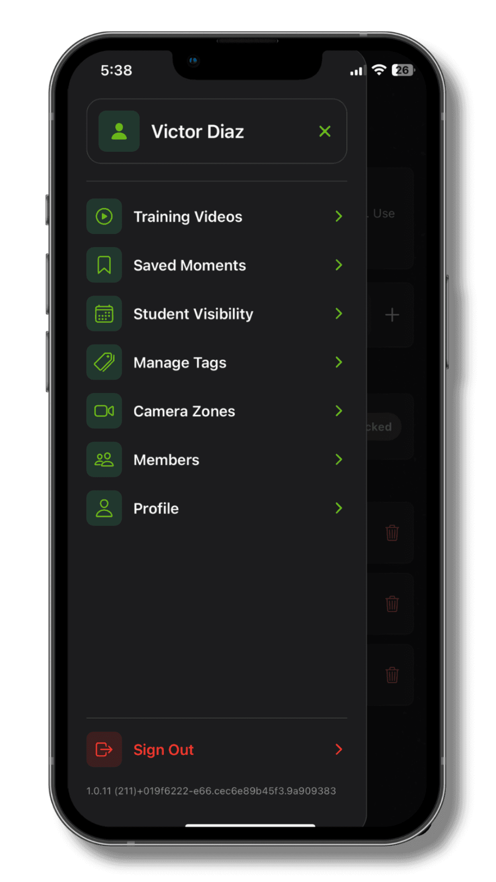 The Neo app menu, with entries for student visibility, tags, camera zones and members